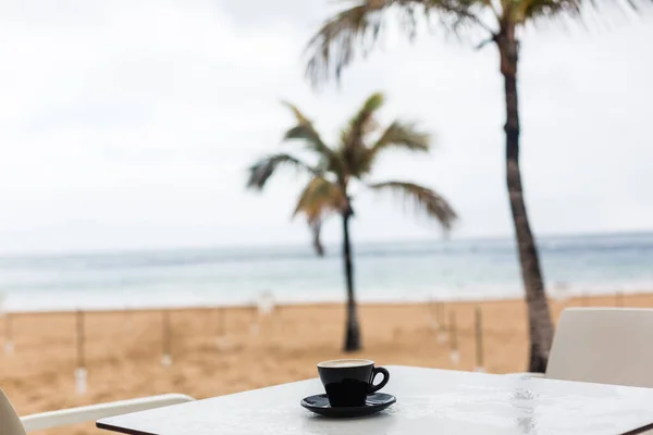 En kopp kaffe på stranden och palm — Stockfoto