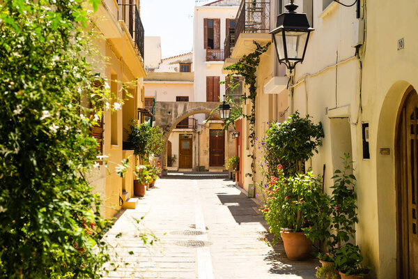 Rethymno Greece Crete. Walk around the old resort town Rethymno in Greece. Architecture and Mediterranean attractions on island Crete. Narrow touristic street in the tourist routes.