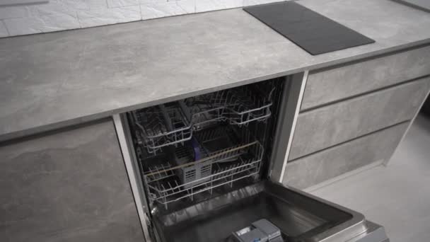 Installation dishwasher machine domestic in kitchen — Vídeo de stock