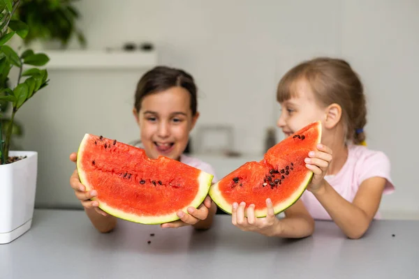 Divertenti sorelline che mangiano anguria fresca e succosa a casa — Foto Stock
