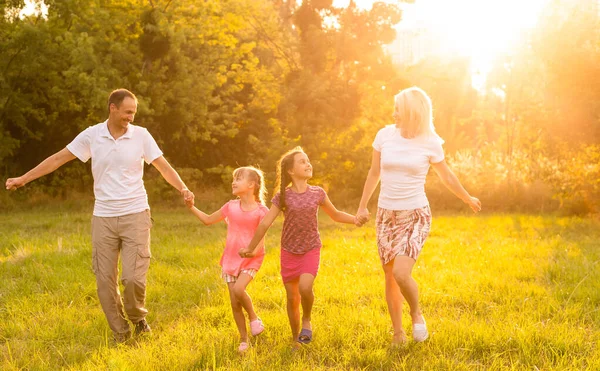 Šťastná rodina kráčí po poli a dívá se na západ slunce — Stock fotografie