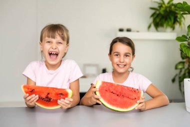 İki çocuk bir dilim karpuz yiyor. Çocuklar dışarıda meyve yer. Çocuklar için sağlıklı atıştırmalık.