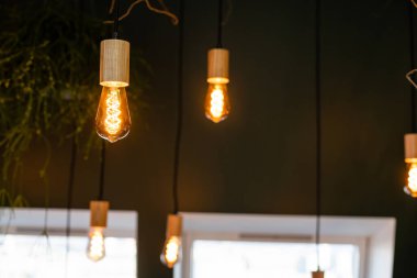 Ahşap asgari tavan lambası dizaynlı ampul. Sıcak yeşil ve ahşap arka plan, boş kopya alanı var..