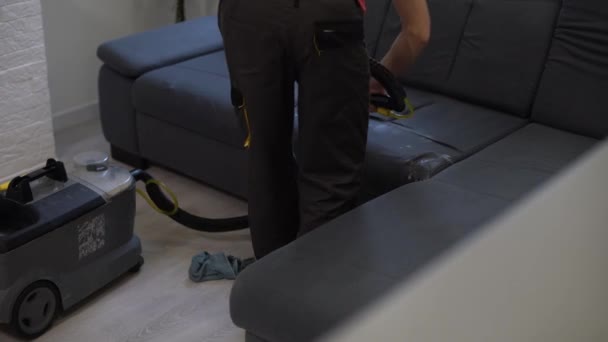 Limpeza sofá com aspirador de pó — Vídeo de Stock