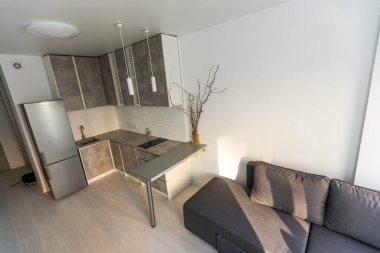 Şık tasarlanmış stüdyo daire. Mutfağı oturma odası ve yatak odasına açık..