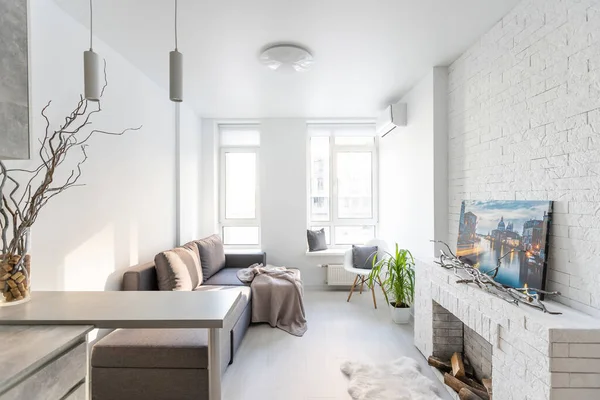 Moderne Einzimmerwohnung mit Tisch, Stühlen, Couch. — Stockfoto