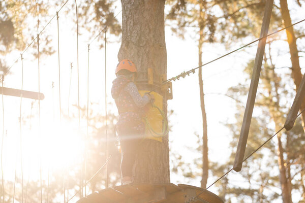 Счастливая школьница наслаждается активностью в парке скалолазания в осенний день