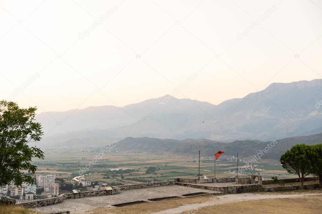 Historical UNESCO protected town of Gjirocaster with a castle on the top of the hill, Southern Albania. Panoramic photo