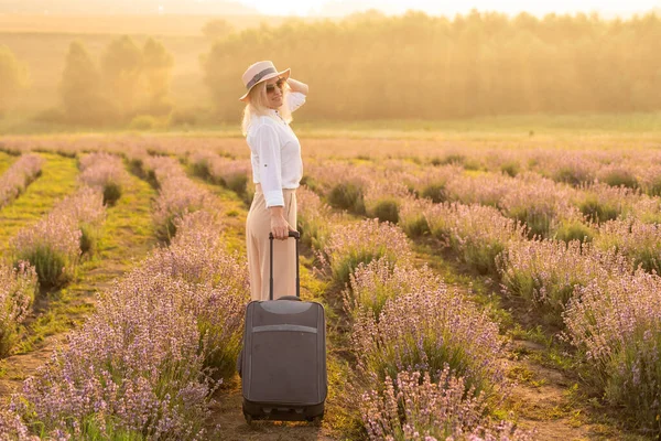 Kobieta z walizką w ręku na polu lawendowym w letnie popołudnie — Zdjęcie stockowe