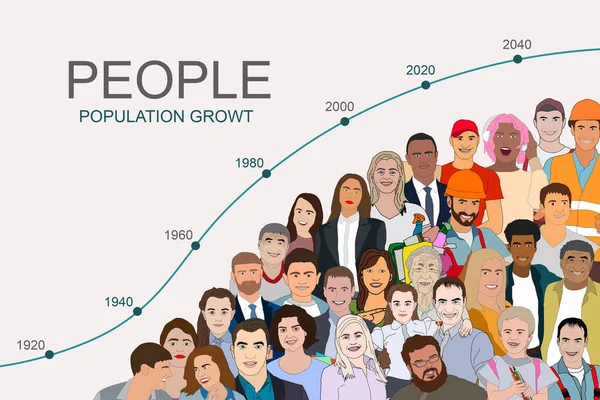 De groei van de gemeenschap en het aantal sociale arbeidskrachten verhogen het concept van de kleine persoon. Demografische pijl of bedrijfspersoneel, werkloosheid, volgers, abonnees of klanten ontwikkeling illustratie. — Stockfoto