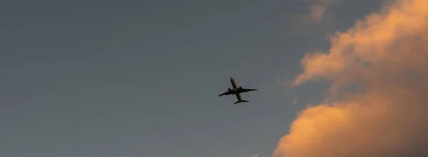 Airplane flying over tropical sea at sunset — Stock Photo, Image