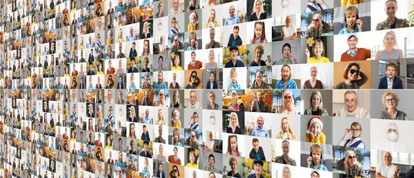 La pantalla led grande del desenfoque demuestra que muchas caras de la gente ensamblan acontecimiento en línea grande o conferencia viva de la realidad virtual. Gran seminario de videollamadas, Trabajo desde casa, Distanciamiento social, Nueva producción normal de eventos — Foto de Stock