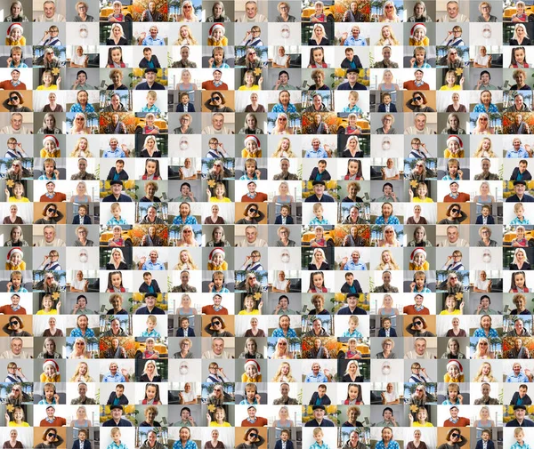 Webcam pc schermweergave tijdens groepsvideogesprek, veel gezichten diverse collega 's deelnemen aan on-line vergadering onder leiding van volwassen 50s zakenvrouw, e-coaching, video conferencing, wereldwijde app eenvoudig gebruik — Stockfoto