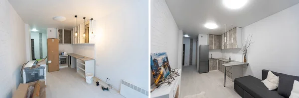 Renovação antes e depois - renovação do apartamento vazio — Fotografia de Stock