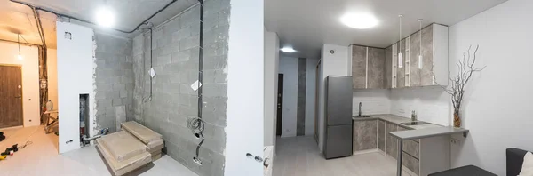 Szobaösszehasonlítás egy apartmanban felújítás előtt és után új ház — Stock Fotó