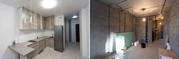 Ανακαίνιση πριν και μετά - άδειο δωμάτιο διαμέρισμα, νέα και παλιά — Φωτογραφία Αρχείου