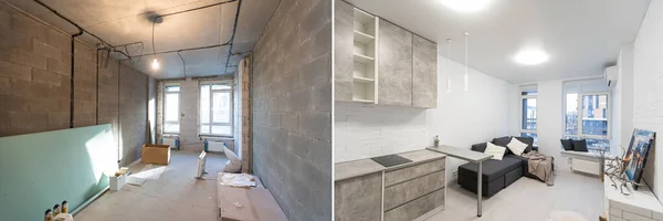 Chambre avec des murs inachevés et une chambre après réparation. Rénovation avant et après dans un logement neuf — Photo