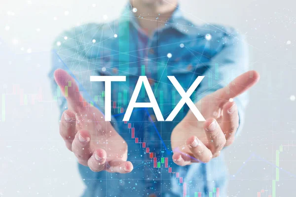 Mans hand in suit, Hologram - TAX. — Stock Photo, Image