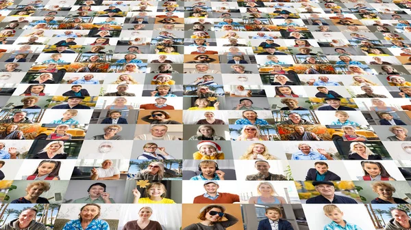 Gran collage de muchas personas exitosas de negocios multirraciales de diferentes edades mirando a la cámara. Grupo de negocios de caras exitosas sonrientes en una pantalla de computadora o computadora portátil. Reunión de negocios en línea — Foto de Stock