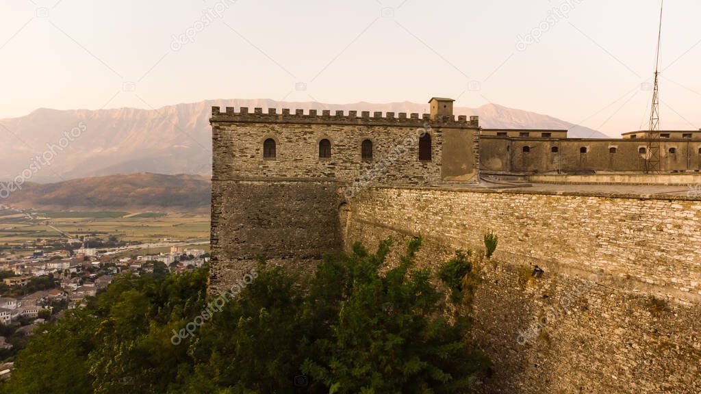 Historical UNESCO protected town of Gjirocaster with a castle on the top of the hill, Southern Albania. Panoramic photo
