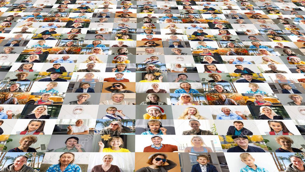 Big collage of many multiracial business successful people of different age looking at camera. Business group of smiling successful faces on a screen of computer or laptop. Online business meeting