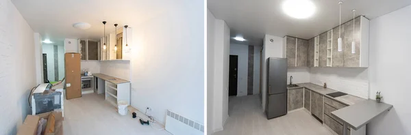 Renovação antes e depois - apartamento vazio quarto, novo e velho — Fotografia de Stock