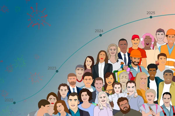 La croissance communautaire et le nombre de travailleurs sociaux augmentent le concept de personne minuscule. Flèche démographique de la nation ou du personnel d'affaires, chômage, suiveurs, abonnés ou clients illustration de développement. — Photo