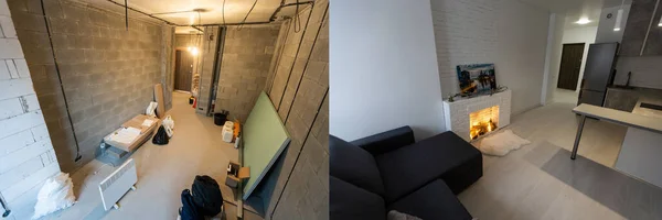 Renovering före och efter - tomt lägenhetsrum, nytt och gammalt — Stockfoto