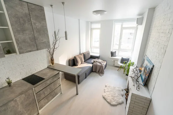 Moderne Einzimmerwohnung mit Tisch, Stühlen, Couch. — Stockfoto