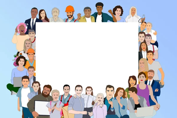 A lot of people stand in a circle on a blue background. illustration