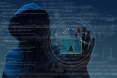 Hackleme ve kötü amaçlı yazılım konsepti. Hacker dijital arayüzü olan soyut bir dizüstü bilgisayar kullanıyor. Çift pozlama