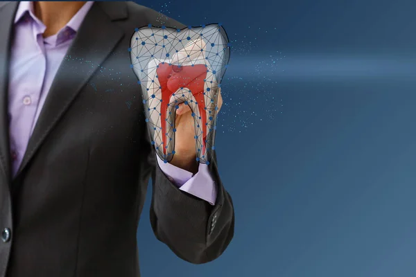 ネオンホログラム歯の画像。医学の概念、新しい技術、口腔ケア、歯科矯正、コピースペース — ストック写真