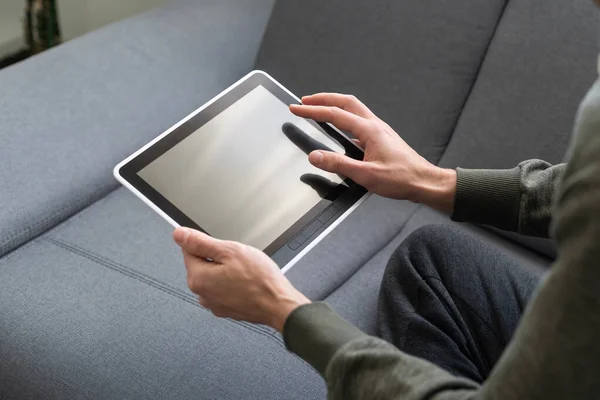 Close up hands multitasking man using tablet, laptop and cellphone connecting wifi — Stock Photo, Image