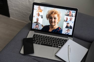 Video konferans konsepti. Telesekreter toplantısı. Videofon. Telekonferans. Uzak çalışma