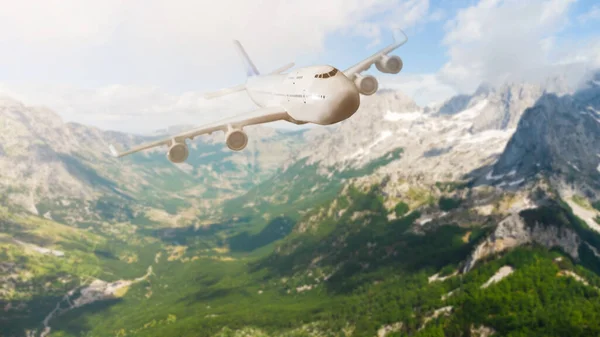 Luftaufnahme von Flugzeugen. Flugzeuge fliegen über Berge mit Wald. Geschäftsreisen. Verkehrsflugzeug — Stockfoto