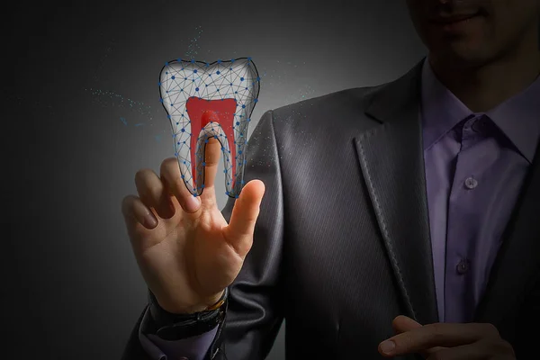 Ilustrasi futuristik perawatan gigi dalam gaya poligonal. Tooth enamel cleaning or dental whitening. Kebersihan mulut gigi diisolasi pada latar belakang biru — Stok Foto