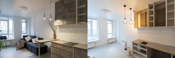 Jämförelse av ett rum i en lägenhet före och efter renovering nytt hus — Stockfoto