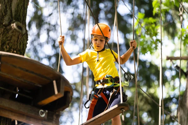 나무에 오르는 행복 한 아이. 로프 파크 등이 있습니다. 산악인 아이. 유아 발달. 로 핑 공원 등이 있습니다. 빔과 로프 브릿지를 균형. 로프 파크-클 라이 밍 센터 — 스톡 사진