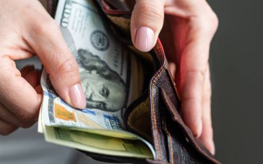 Nakit para, dolar geçmişi. Bir sürü yüz dolarlık banknot var. Cüzdandaki dolarlar.