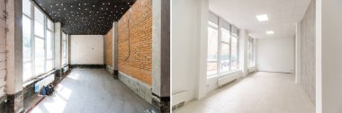 Büyük pencereli boş odalar, restorasyondan önce ve sonra ısıtıcı. Eski dairenin ve yenilenmiş evin karşılaştırılması. Ev yenileme kavramı