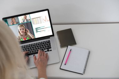Beyaz kadın öğretmen okul çocuklarıyla video görüşmesinde bilgisayar ve dizüstü bilgisayar kullanıyor. Çevrimiçi eğitim karantina süresince evde tek başına kalıyor..
