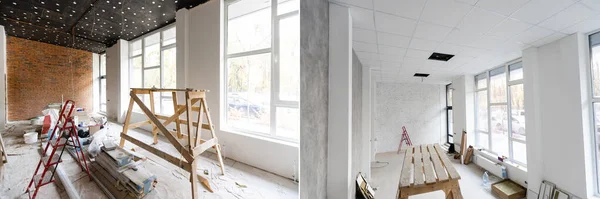 Habitación con paredes inacabadas y una habitación después de la reparación. Antes y después de la renovación de viviendas nuevas — Foto de Stock