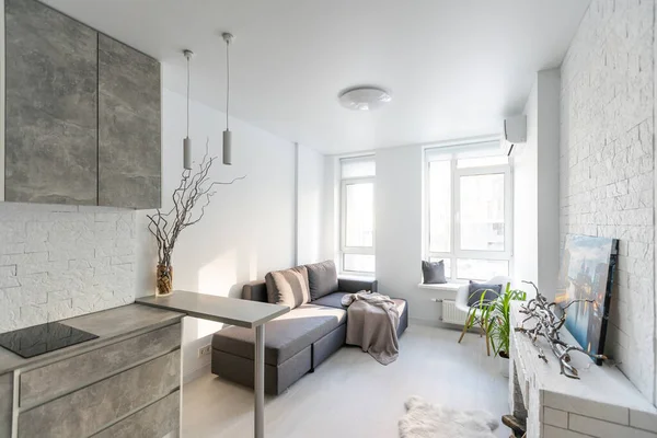 Stilvoll gestaltetes Studio-Apartment mit offener Küche zum Wohn- und Schlafzimmer. — Stockfoto