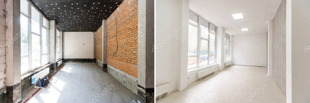 Empty rooms with large window, heating radiators before and after restoration. Comparison of old apartment and new renovated place. Concept of home refurbishment