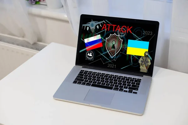 Cyber-attaque avec drapeau russe sur ukraine, icônes — Photo