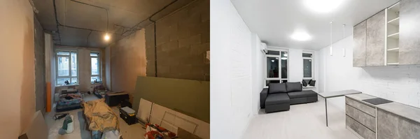 Modern belső kialakítás nagy nappali-konyha stúdió szobában, előtt és után — Stock Fotó
