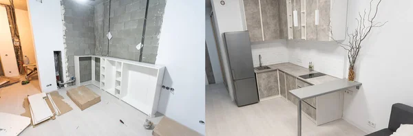 Comparação de um quarto em um apartamento antes e depois da renovação nova casa — Fotografia de Stock