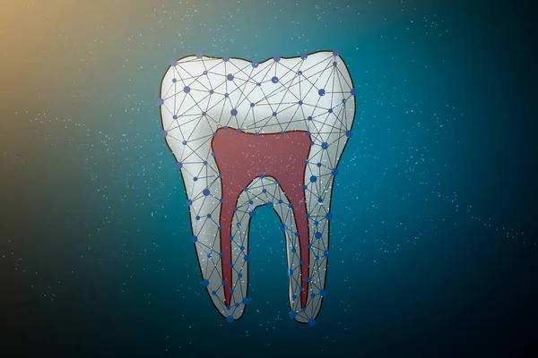Imagem de um dente holográfico de néon. Conceito de medicina, novas tecnologias, cuidados orais, próteses dentárias, espaço de cópia — Fotografia de Stock