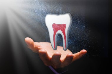 Tıbbi sağlıklı insan dişi 3D. İlaç modeli düşük polimerli. Doktor online konsepti. Tıbbi danışma uygulaması. Web sağlık dişçisi stomatolog modern teknoloji illüstrasyonu