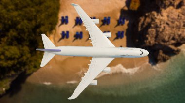 Uçak, güzel doğa manzarası adasının üzerinde uçar, turizm beldesi, tatil tatili seyahati için arka plan.